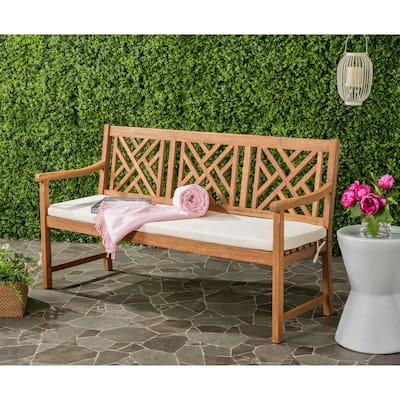 SAFAVIEH Outdoor Genara Solid Wood 3-Seat Bench with Cushion - 23Wx61Dx35H