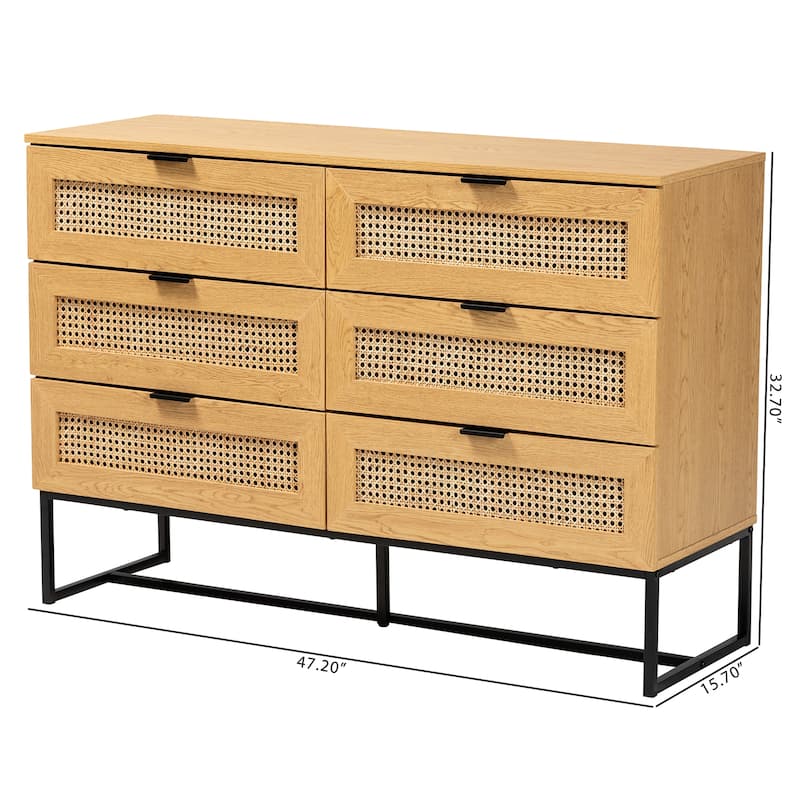 Sawyer Mid-Century Modern Industrial Oak Brown Finished Wood and Black Metal 6-Drawer Storage Cabinet with Natural Rattan