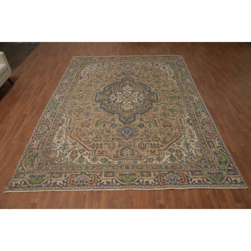 Hand Knotted Oriental 100% Wool Carpet Traditional Floral Peach Tabriz Area Rug - 11' 9'' X 8' 10''