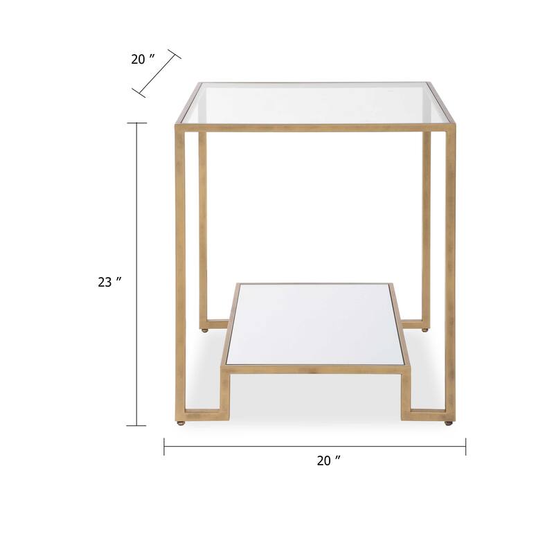Kix Side End Table, 20 Inch Square Glass Top, Open Shelf, Antique Gold