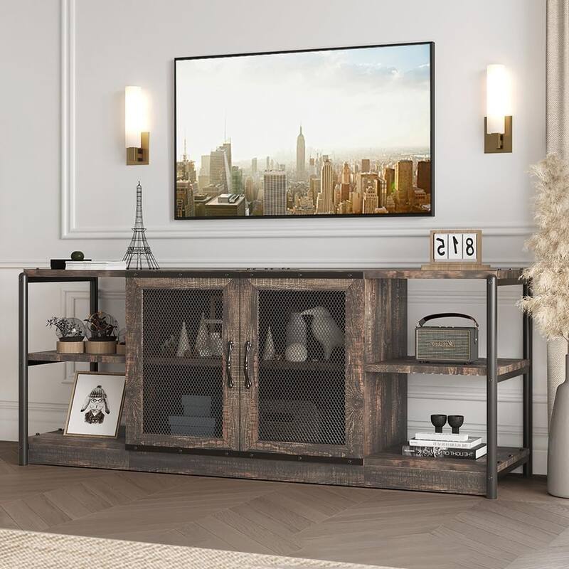Entertainment Center TV Media Console Cabinet with Mesh Door - 18.3"D x 63"W x 25"H - Rustic Oak