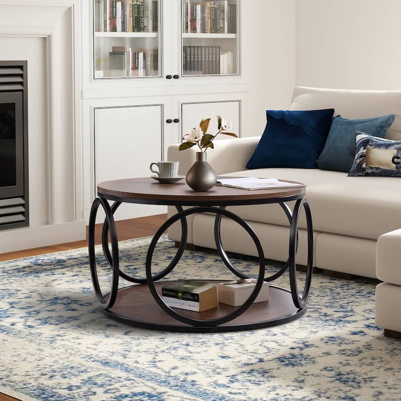 2-Tier Round Industrial Coffee Table with Metal Frame - 31.5"Dia x 18.7"H