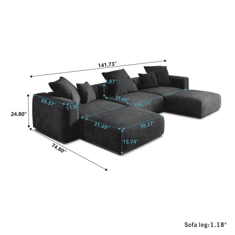 141.73" U-shape Corduroy Modular Sofa, Large Size Comfy Sectional Couch Sofa with 5 Pillows