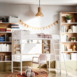 Twin Size Loft Bed with Desk and Storage Shelves, High Quality Metal Frame