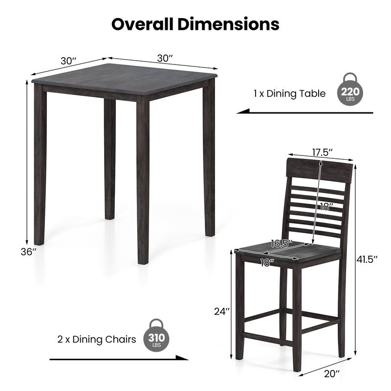 Gymax 3 PCS Counter-Height Dining Table Set for 2 Square Kitchen Table