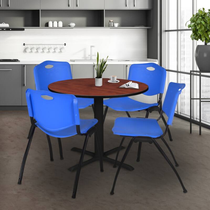 42" Round Breakroom Table- Cherry & 4 'M' Stack Chairs- Blue - Blue, Cherry - 42