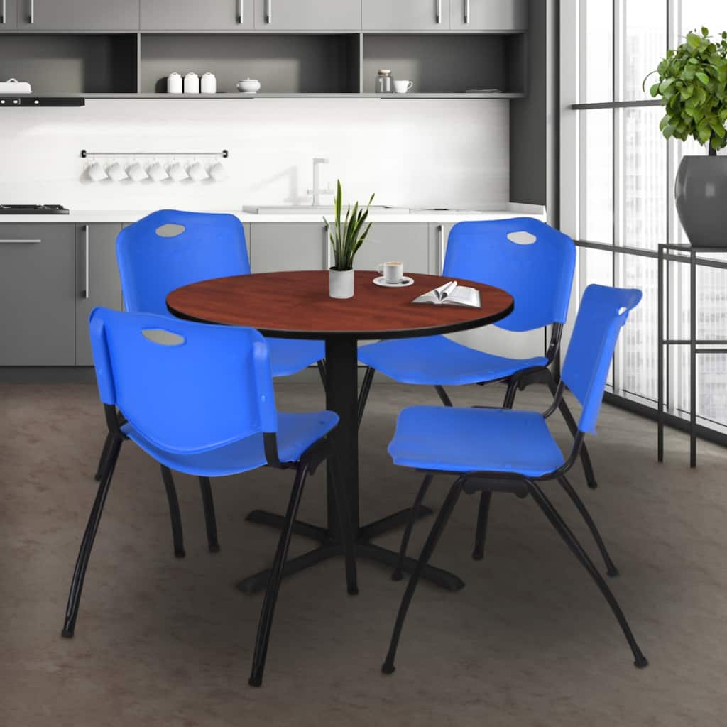 42" Round Breakroom Table- Cherry & 4 'M' Stack Chairs- Blue - Blue, Cherry - 42