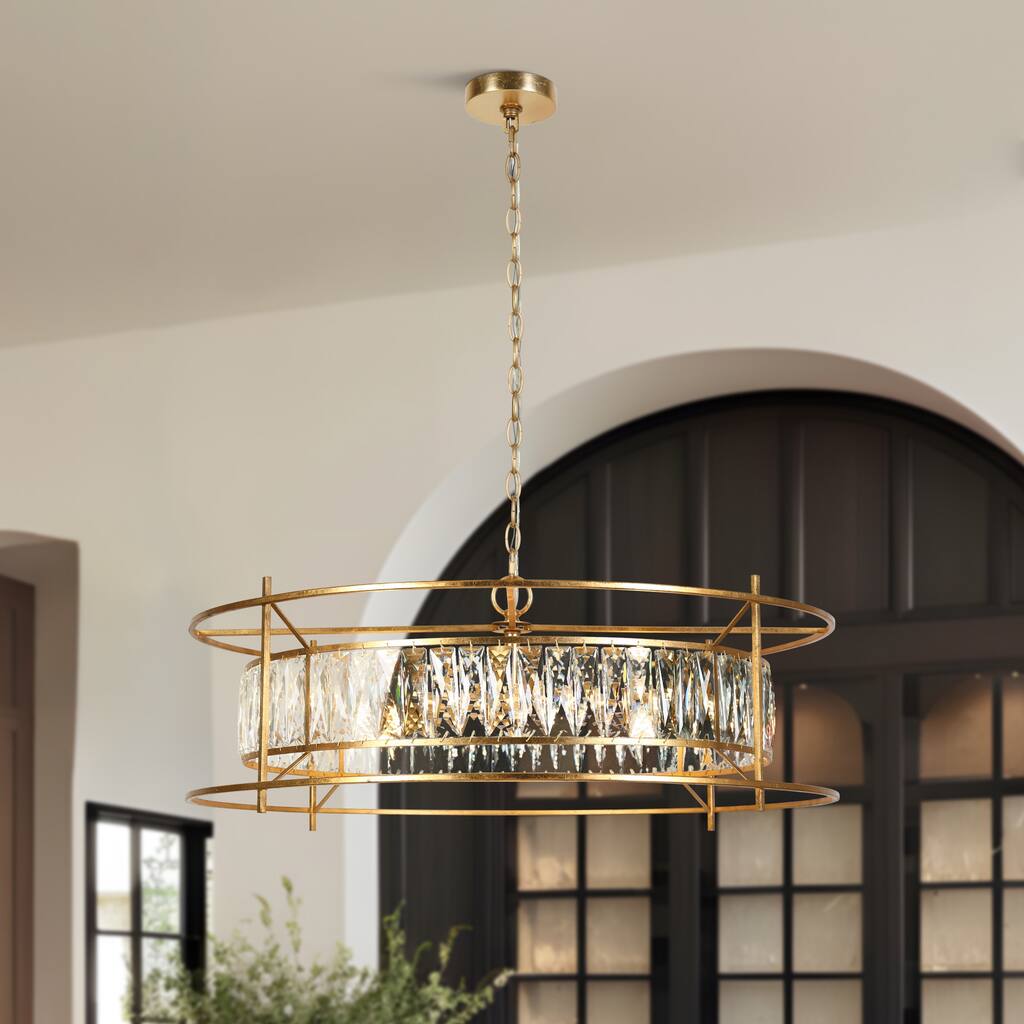 Modern Glam 6-Lights Crystal Chandelier Vintage Goldleaf Pendant Light Drum Kitchen Island Light for Dining Room