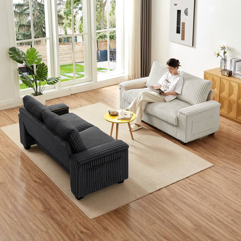 Plush Corduroy Loveseat Sofa Couch with Spacious Armrest Storage and USB Charging Port for Living Room and Office