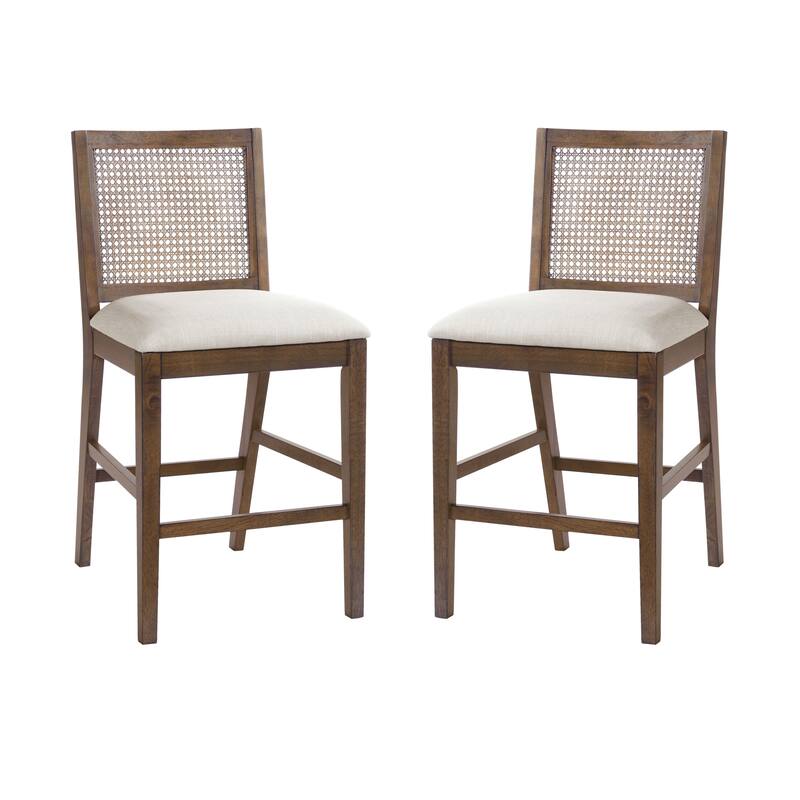 Christopher Knight Home - French Country Wood & Rattan Counter Stools with Upholstered Seat - Set of 2
