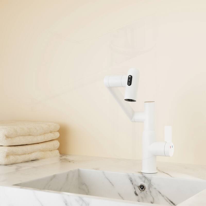 Bathroom Sink Faucet with Temperature Display - White