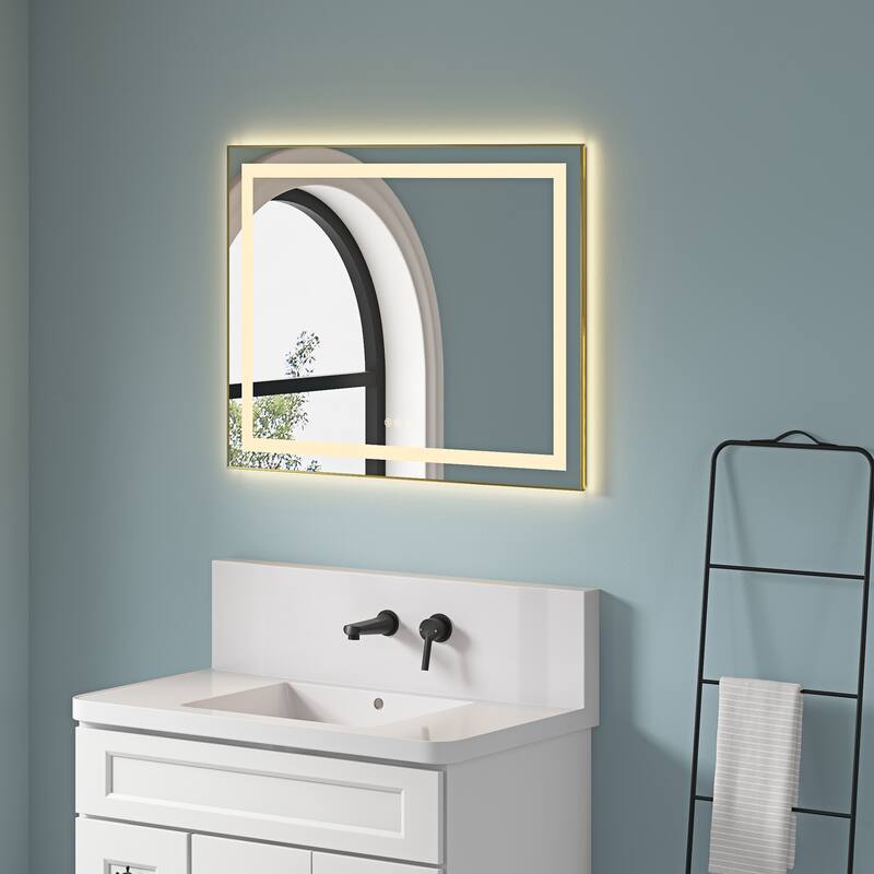 36"x28" LED Bathroom Mirror with Front and Backlight, Wall Mounted Vanity Mirror with Aluminum Frame, Anti-Fog