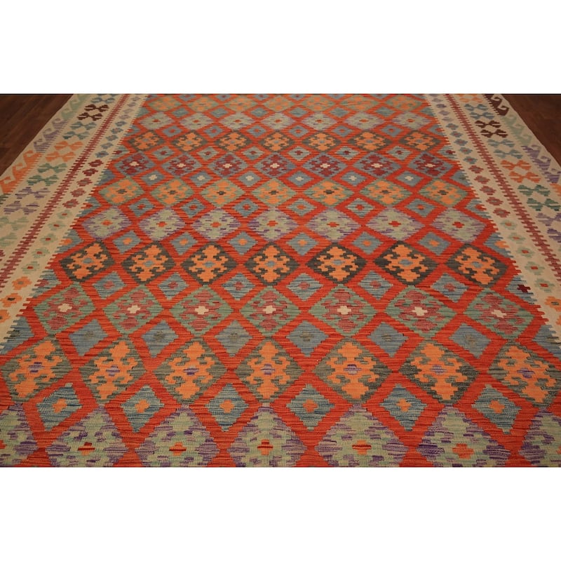 Geometric Trellis Kilim Oriental Large Rug Hand-Woven Wool Carpet - 9'9" x 16'3"