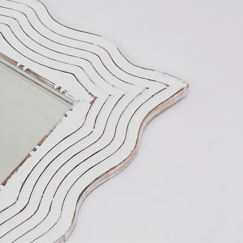 Rustic White Solid Wood Handcarved Wave Rectangle Mirror - Accent Decor - Antique White