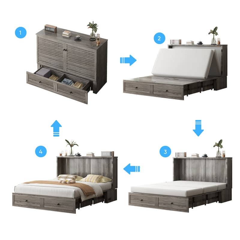 Mixoy Modern Queen Size Murphy Bed with 4.7''Mattress,USB ports,Storage Drawers