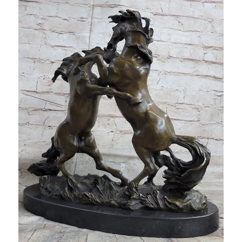 Dueling Stallion Horses Rearing Horse Bronze Statue Sculpture Decor Marble Base Original