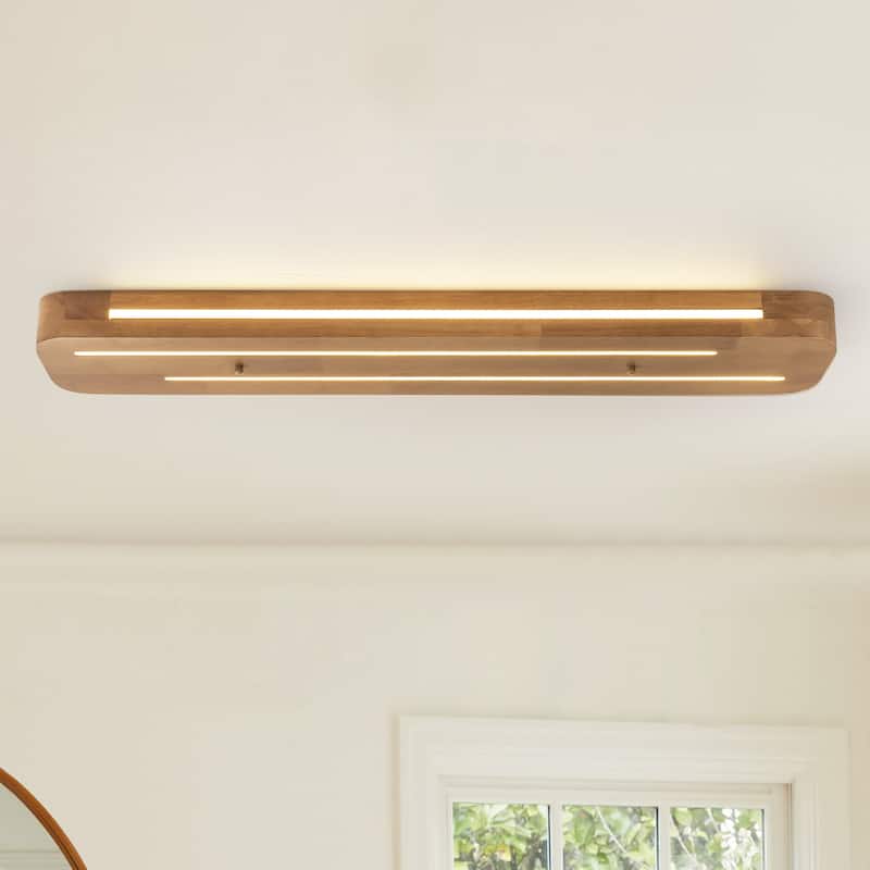 39.37 in. Modern Farmhouse Brown Long Strip Linear Oval Wood LED Flush Mount Ceiling Light