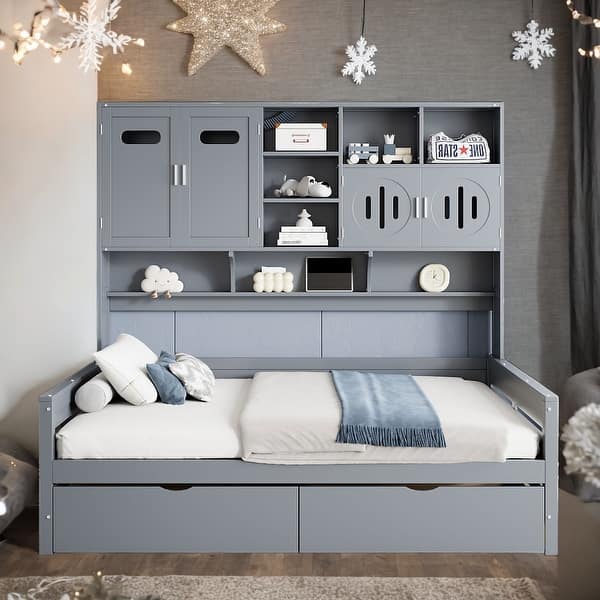 slide 2 of 19, Wooden Full Size Kids Bed Daybed, All-in-One Cabinet Bed with 2 Drawers,Grey Grey