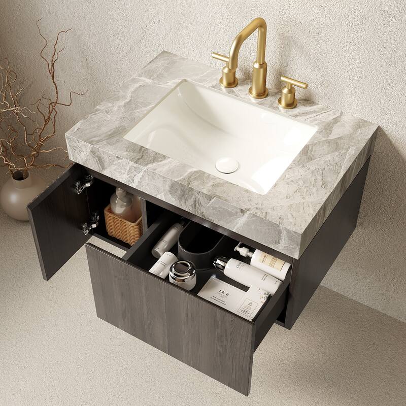 Floating Bathroom Vanity with Undermount Ceramic Basin with 3 Pre-drilled Faucet Holes
