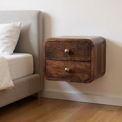 HomeRoots 12" Walnut Solid Wood Square Two Drawer Floating Nightstand