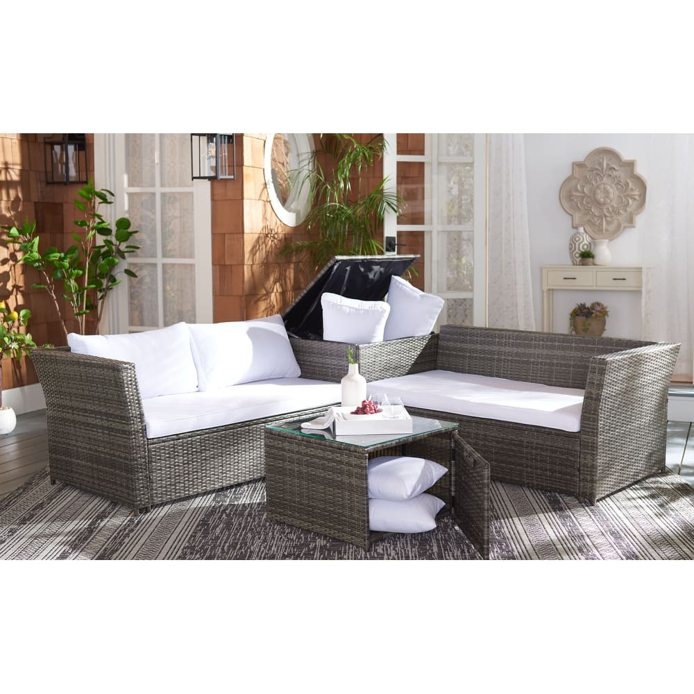 SAFAVIEH Outdoor Patio Furniture Helga 4-Piece Conversation Set with Storage - 57"W x 31"D x 26"H