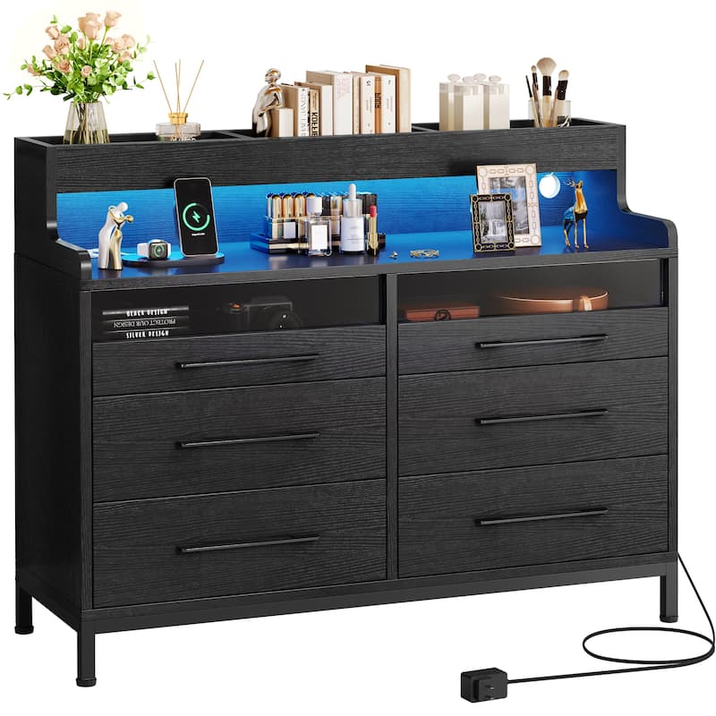 Moasis Modern 6-Drawer Storage Chest Dresser Drawer Organizers with LED Light - Black
