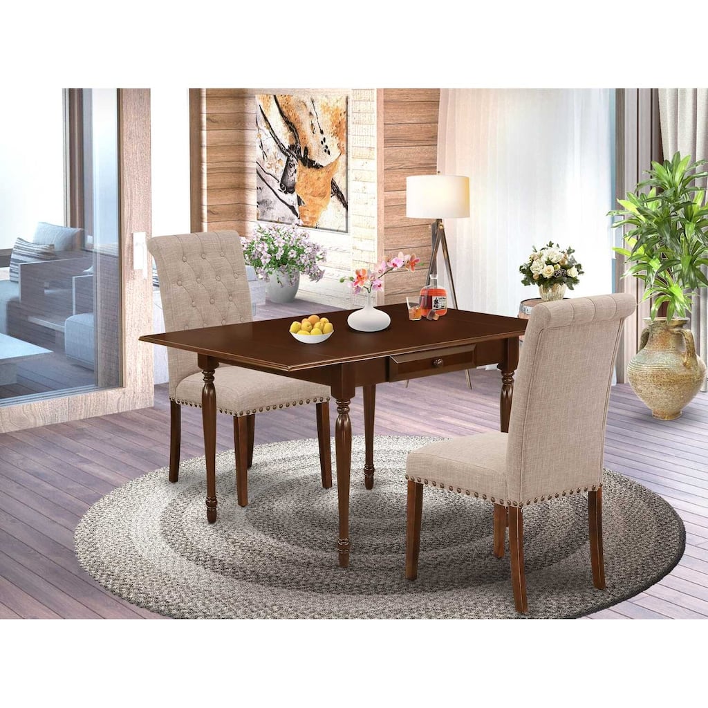 HomeStock 3-Piece Mahogany Finish Solid Wood Top with Dropleaf Dining Table Set
