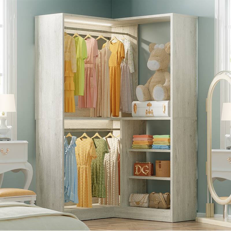 Cimly 35.4'' Coner Closet Organizer with Hanging Rods, Space-saving Closet System with Storage Shelves - Washed Oak