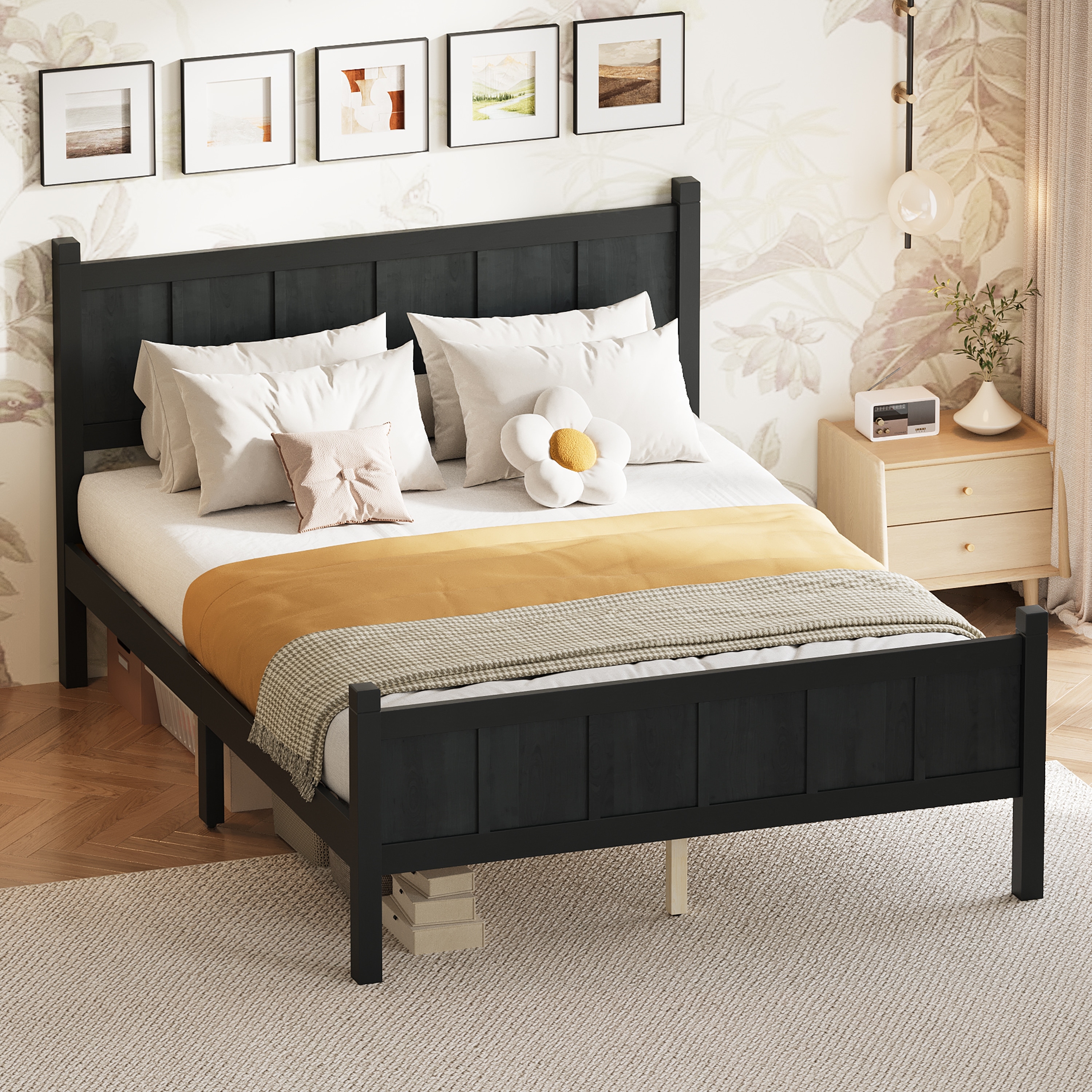 Wood Panel Bed Platform Bed with Wood Grain Finish Farmhouse Bed