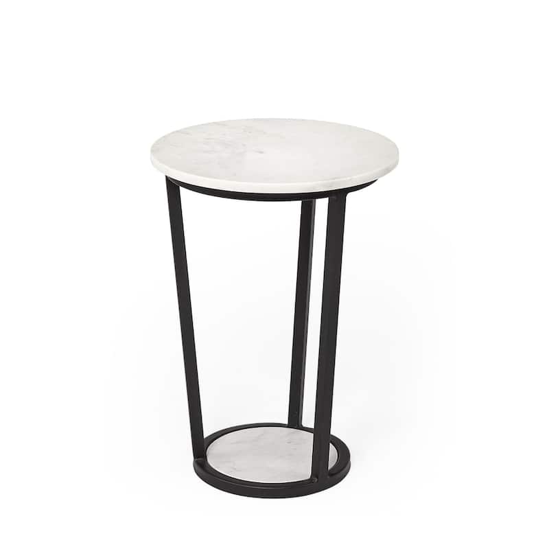 Black Metal End Table with White Marble Top and Abstract Round Base - 15” x 15” x 20.9” (D x W x H)
