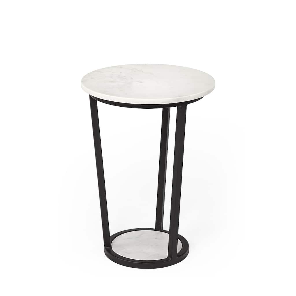 Black Metal End Table with White Marble Top and Abstract Round Base - 15” x 15” x 20.9” (D x W x H)