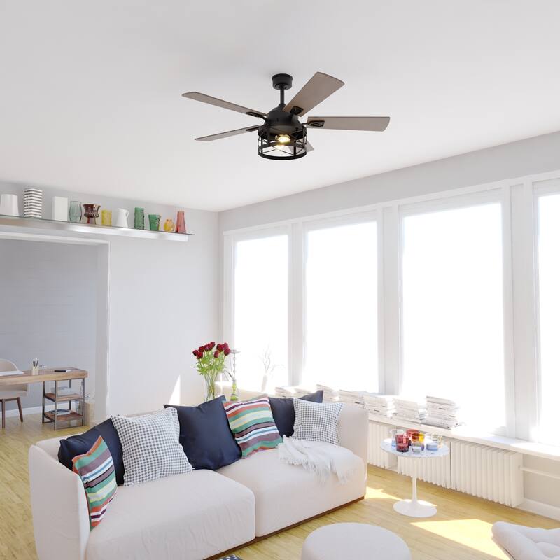 Elburn Black Farmhouse Ceiling Fan with Caged Drum LED Light Kit and Remote - 52-in W x 18.75-in H x 52-in D