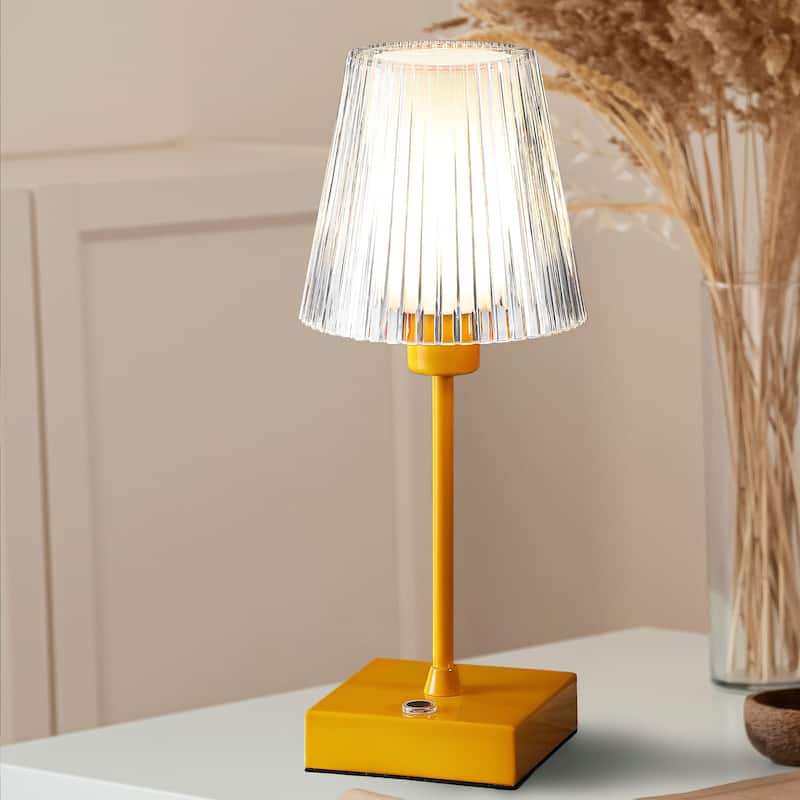 Lina 12.5" Modern Industrial Rechargeable/Cordless Iron/Acrylic Integrated LED Table Lamp with Ribbed Shade, by JONATHAN Y