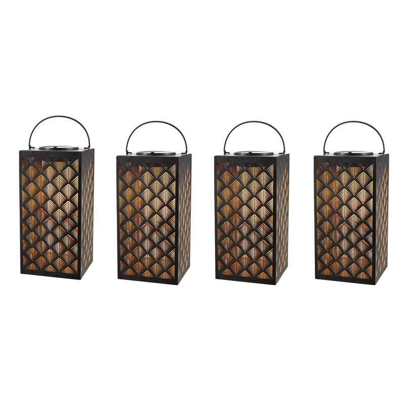 Set of 4 11"H Glass Pattern Oudoor Solar Powered Hanging Lanterns By Glitzhome