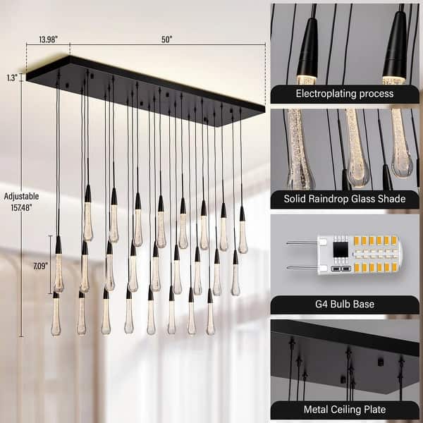 dimension image slide 1 of 3, KAYLA Raindrop Chandelier, Modern Glass Pendant Light, Bulb Included