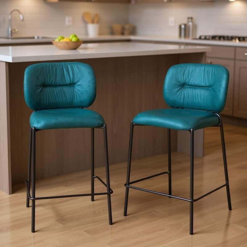 HomeRoots Set of Two 25" Green and Black Velvet and Steel Counter Height Bar Chairs - Counter Height - Green - Set of 2