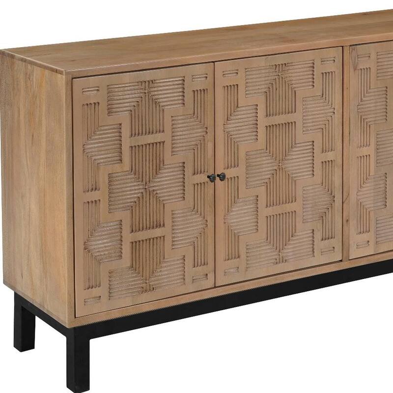 HomeRoots 80" Brown Solid Wood Carved Geometric Sideboard with Four Doors - 80.00 in. x 38.00 in. x 16.00 in.