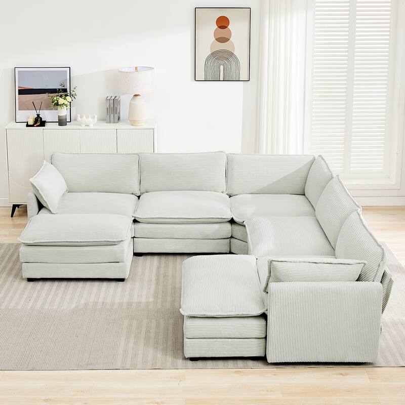 7-Seater Corduroy Sectional Sofa with 2 Removable Ottomans & Corner Seat, Soft & Comfortable - 5 Seats with 2 Ottoman