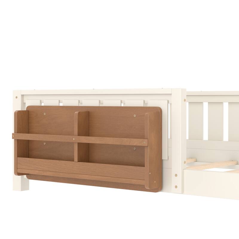 Montessori Floor Bed Low Profile Kids Bed with Rails & Bookshelf