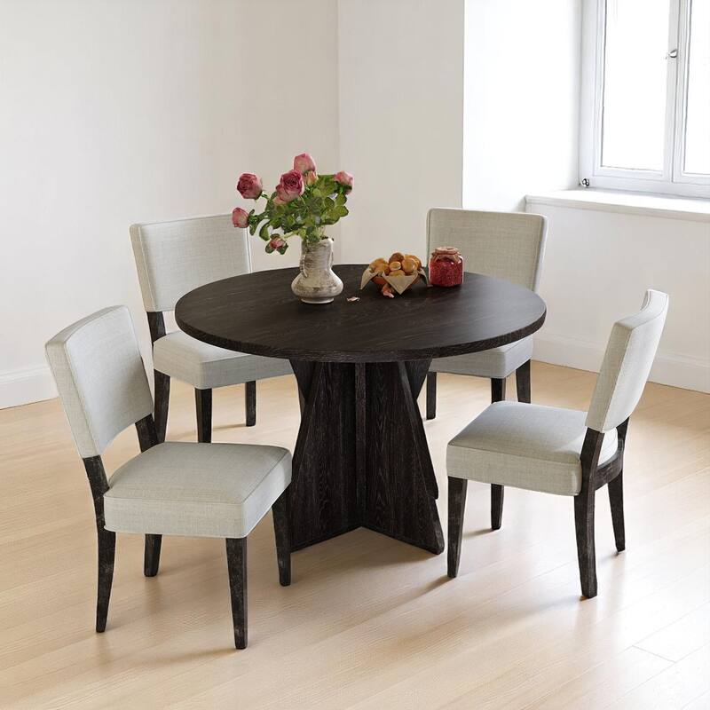 Retro 5-Piece Kitchen Table Set, Round Dining Table with Base Support and 4 Upholstered Dining Chairs - Espresso