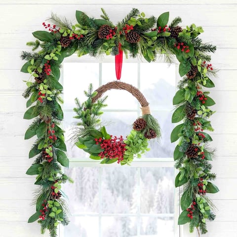 Christmas Cheer Holly and Pine Garland - Green/Red - 53"L x 12"W x 8"H