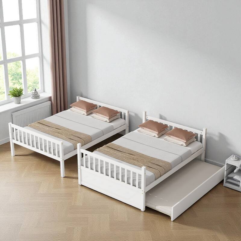 Full Over Full Rubber Wood Bunk Bed with Trundle, Convertible into Two Full Beds, Ladder and Guardrails Included