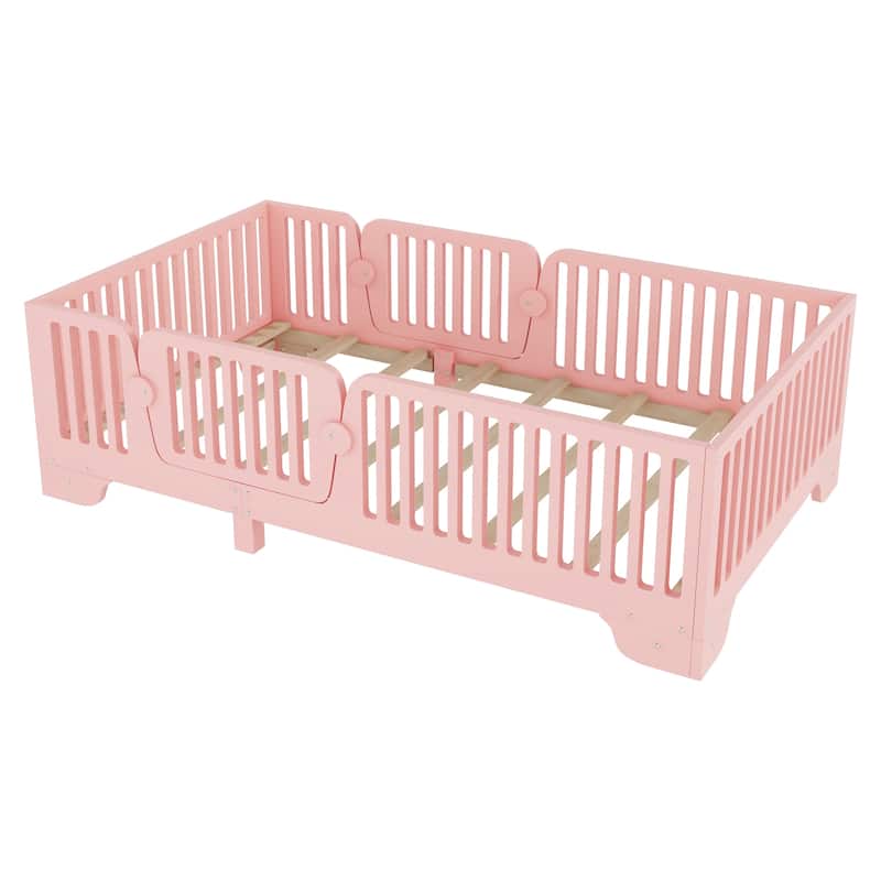 Full/Twin Montessori Floor Bed with Slats, Fence and Door, No Box Spring Needed