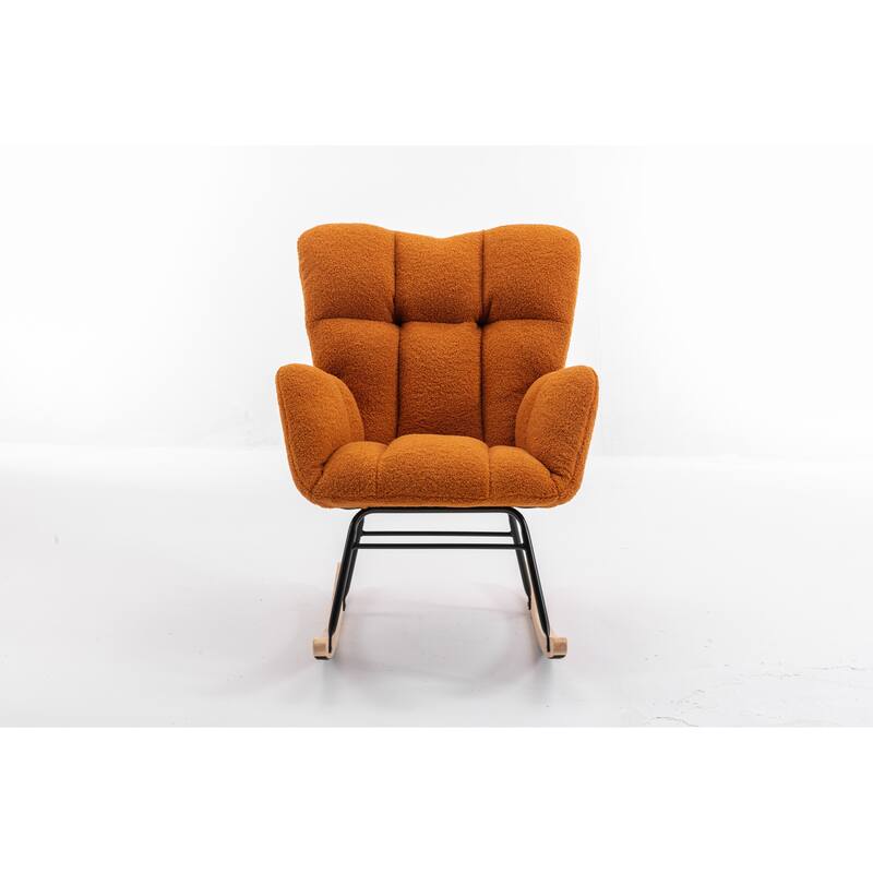 Teddy Fabric Upholstered Glider Rocker, Reading Chair with Thick Padded Seat, High Backrest Armchair with Wooden Legs