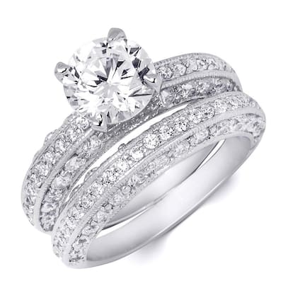 Wedding Anniversary Band Engagement Ring Set Sterling Silver 2.0 CT