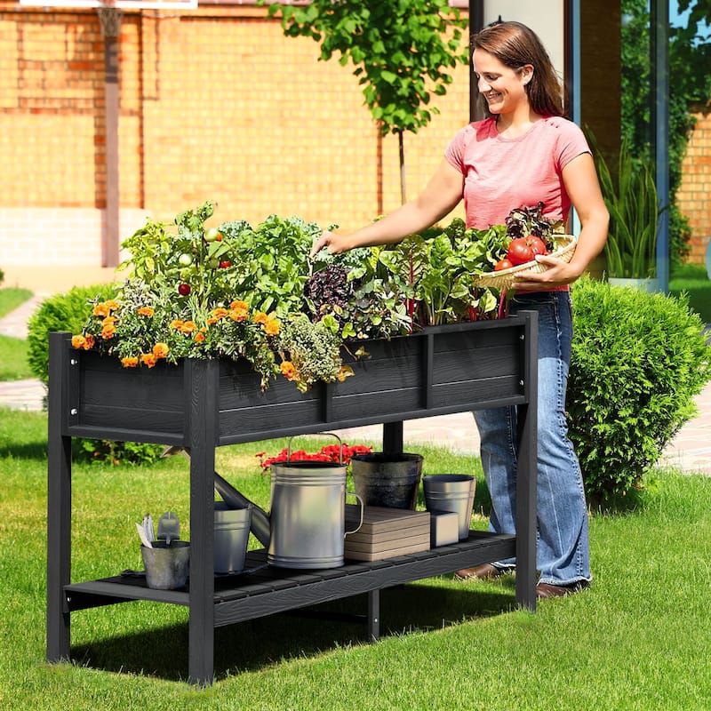 Moasis Poly Wood Raised Garden Bed Planter Box Stand Weather Resistant with Legs and Storage Shelf