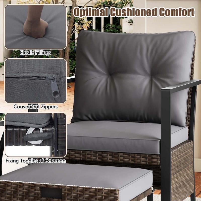 Gymax Set of 5 Furniture Set Rattan Chairs & Ottomans w/ Glass Topped