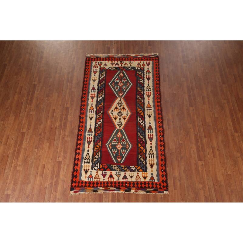 Kilim Qashqai Persian Vintage Rug Hand-Woven Tribal Red Wool Carpet - 4'9"x 8'11"