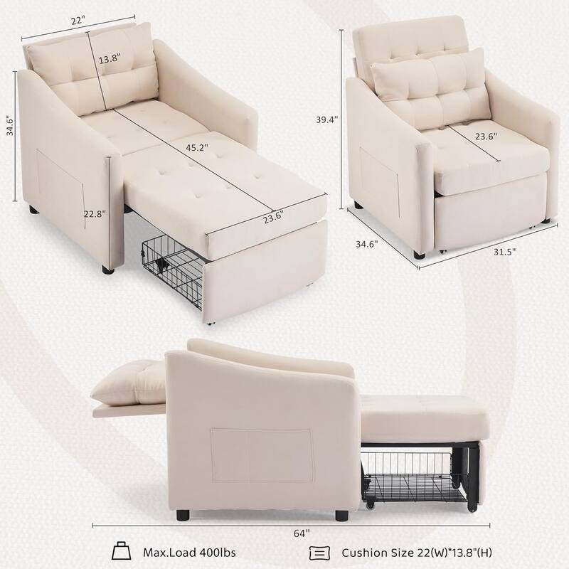 Bezseller Convertible Sofa Bed Chair, 3-in-1 Sleeper Chair with Storage Drawer, Light Gray