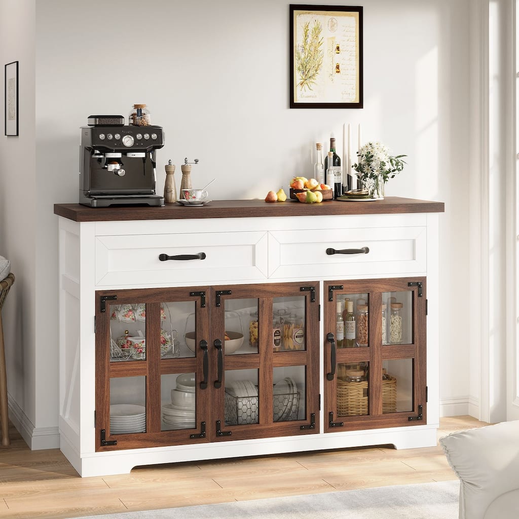 Gymojoy 53" Farmhouse Buffet Cabinet with Glass Doors, Modern Sideboard Storage Console for Kitchen, Dining Room, Living Room